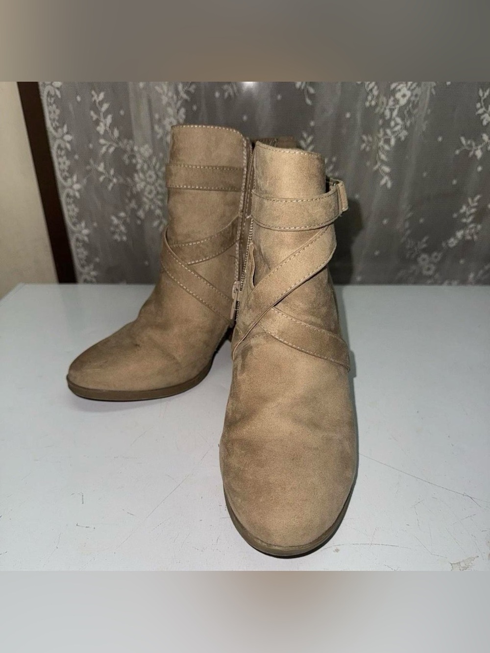 a.n.a Tan Suede Ankle Booties with Wrap Strap size 7.5